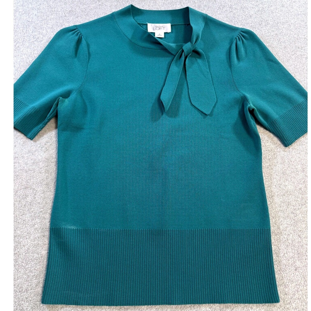 Ann Taylor LOFT Tie Neck Sweater Women S Teal Good Short Sleeve Puff Shoulder